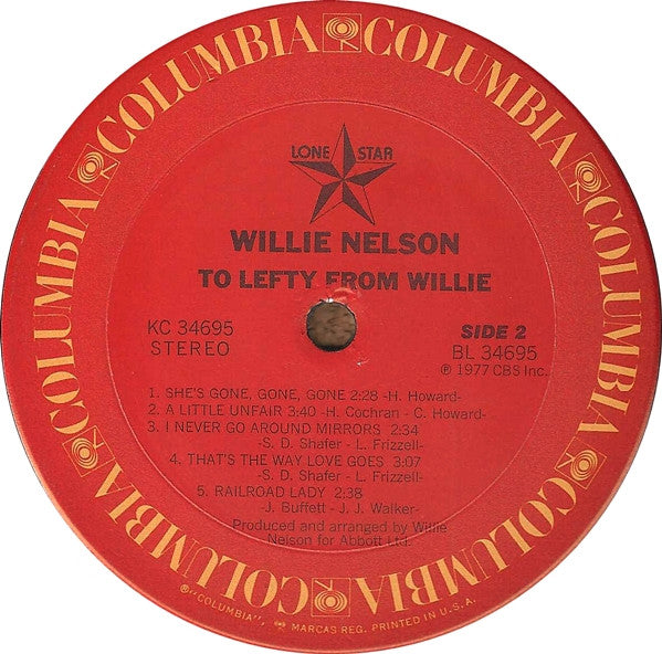 Willie Nelson : To Lefty From Willie (LP, Album, Ter)