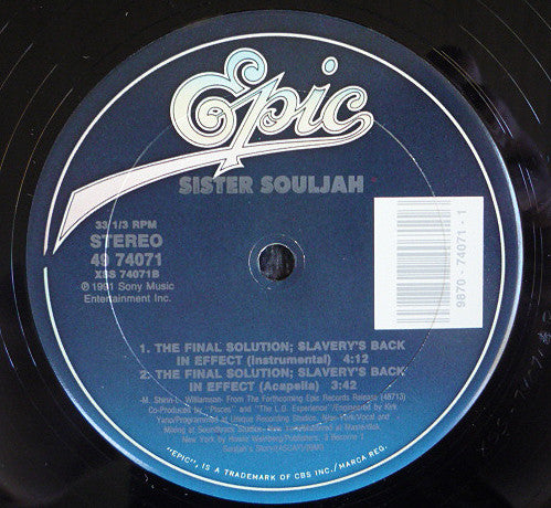 Sister Souljah : The Final Solution: Slavery's Back In Effect (12")