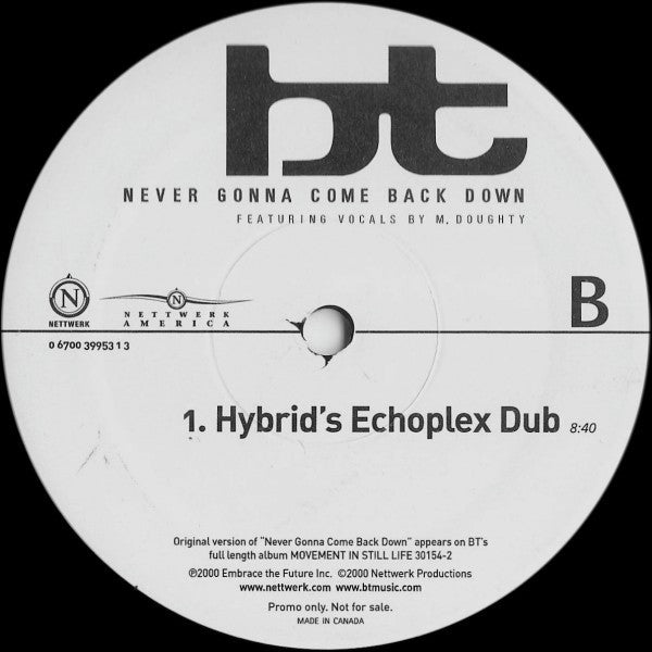 BT : Never Gonna Come Back Down (12", Promo)