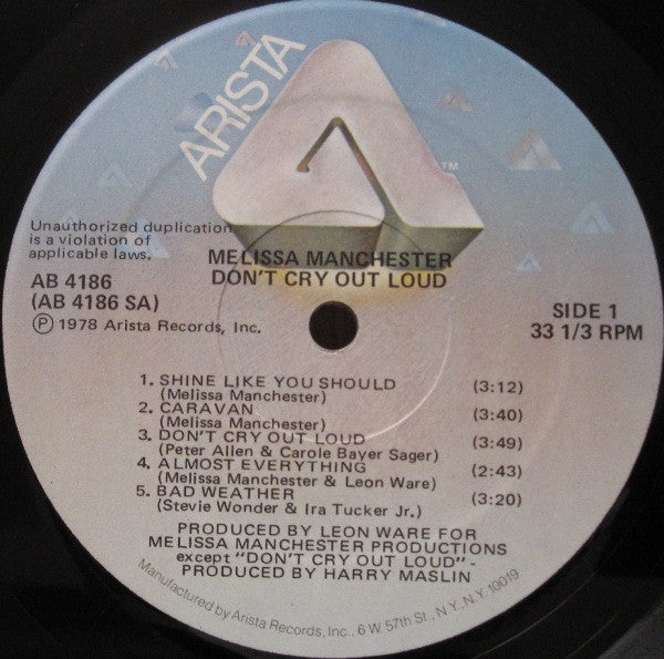 Melissa Manchester : Don't Cry Out Loud (LP, Album, Hub)