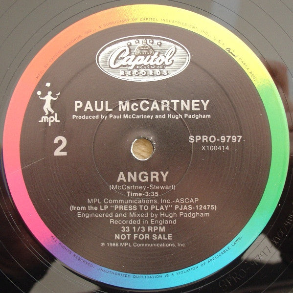 Paul McCartney : Angry (12", Promo)