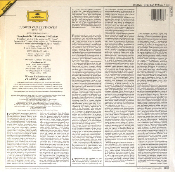 Ludwig van Beethoven, Wiener Philharmoniker, Claudio Abbado : Symphonie No. 3 »Eroica« / Ouvertüre-»Coriolan”« (LP, Album)