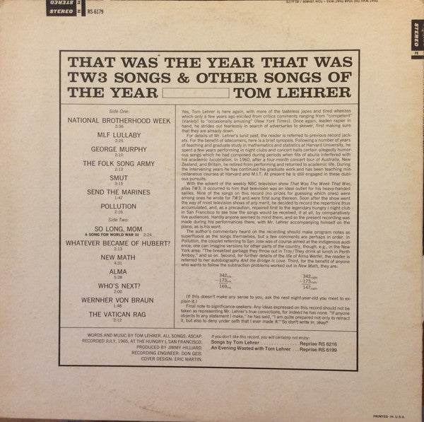 Tom Lehrer : That Was The Year That Was (LP, Album, RE, Win)