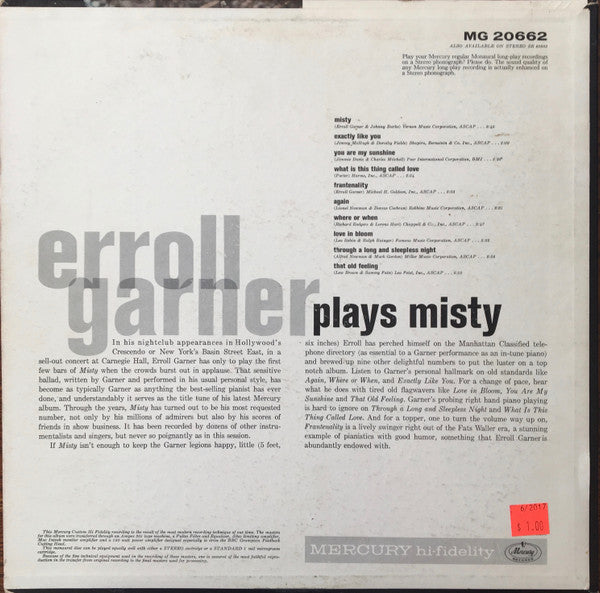 Erroll Garner : Erroll Garner Plays Misty (LP, Album, Mono)