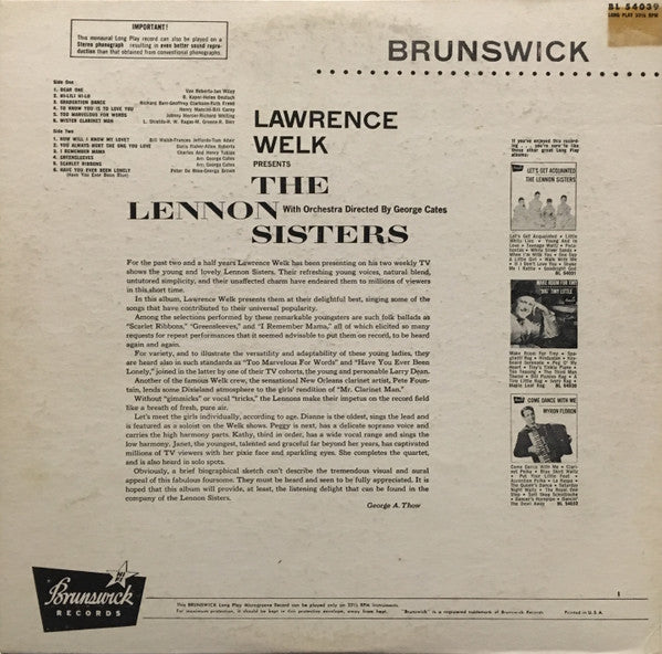 The Lennon Sisters : Lawrence Welk Presents The Lennon Sisters (LP, Album, Mono, Pin)