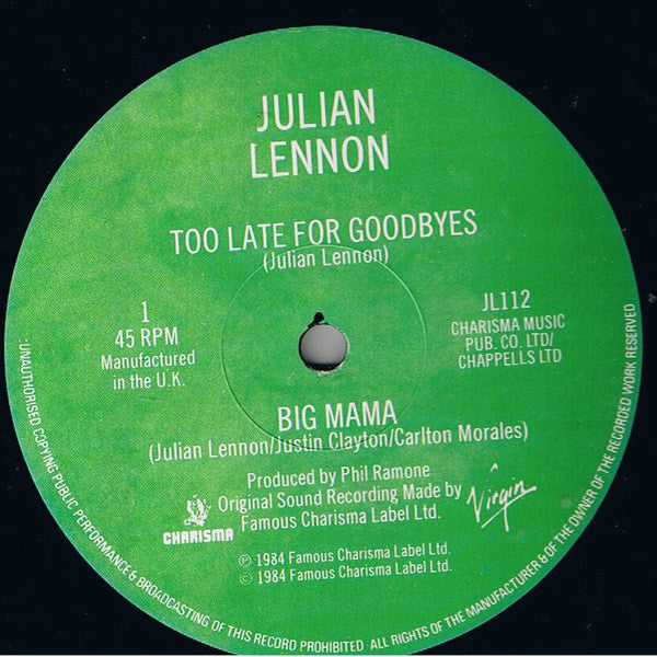 Julian Lennon : Too Late For Goodbyes (12", Single)