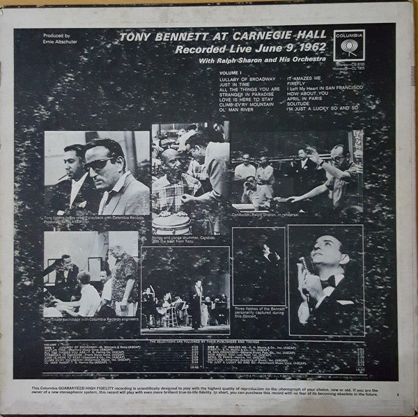 Tony Bennett With Ralph Sharon And His Orchestra : At Carnegie Hall Part I Recorded Live At Carnegie Hall June 9th 1962 Volume 1 (LP, Album, Mono)