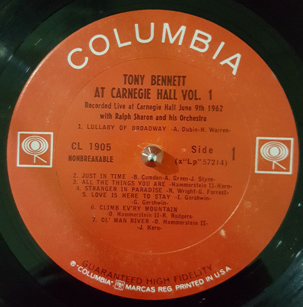 Tony Bennett With Ralph Sharon And His Orchestra : At Carnegie Hall Part I Recorded Live At Carnegie Hall June 9th 1962 Volume 1 (LP, Album, Mono)