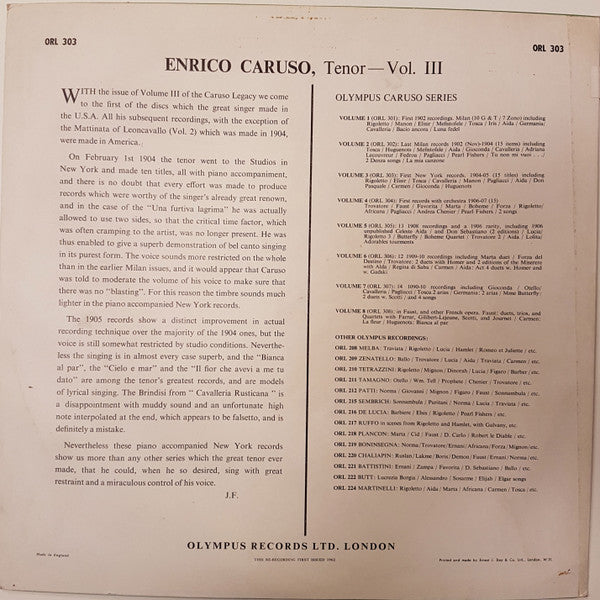 Enrico Caruso : Enrico Caruso Volume 3 - The First New York Recordings 1904/1905 (LP, Comp, Mono)