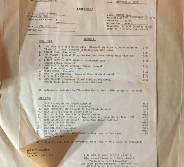 Various : A Tribute To Woody Guthrie (2xLP, Comp, TP)
