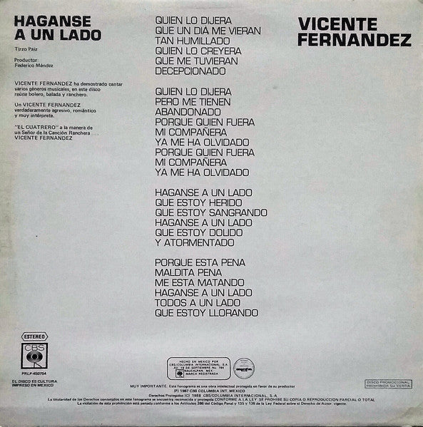 Vicente Fernandez : Haganse A Un Lado (12", Single, Promo)