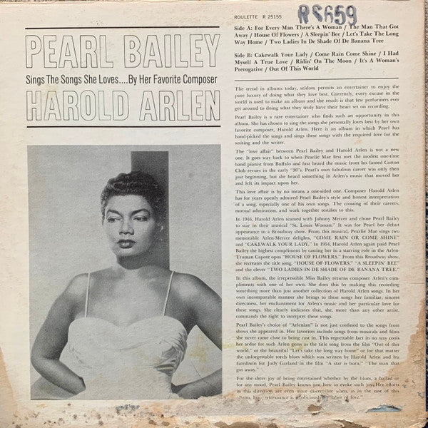 Pearl Bailey : Pearl Bailey Sings The Songs She Loves.... By Her Favorite Composer Harold Arlen (LP, Album, Mono, RP, Pit)
