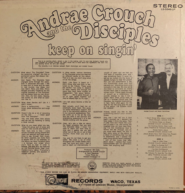 Andraé Crouch & The Disciples : Keep On Singin' (LP, Album, RE, Los)