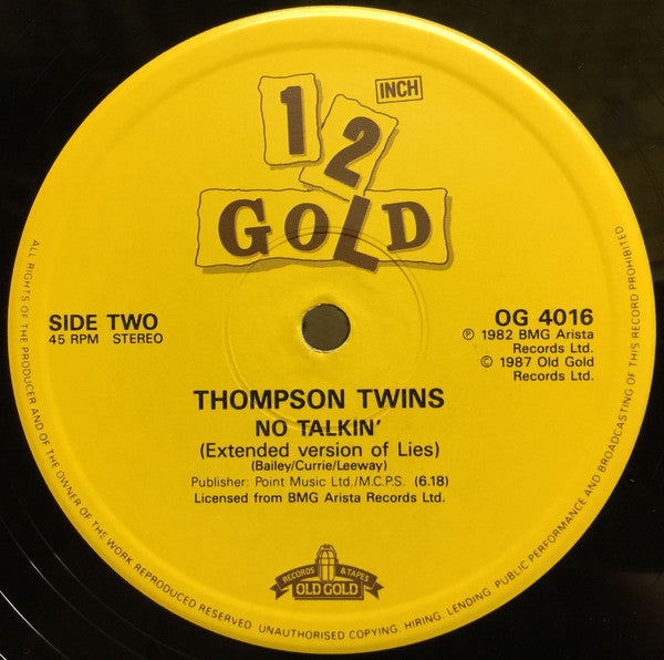 Thompson Twins : Rap Boy Rap (Extended Version Of "Love On Your Side") / No Talkin' (Extended Version Of "Lies")  (12", Single)