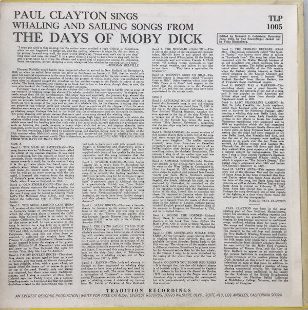 Paul Clayton (2) : Whaling And Sailing Songs From The Days Of Moby Dick (LP, Album, RE)