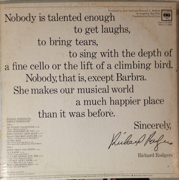 Barbra Streisand : Simply Streisand (LP, Album, Ter)