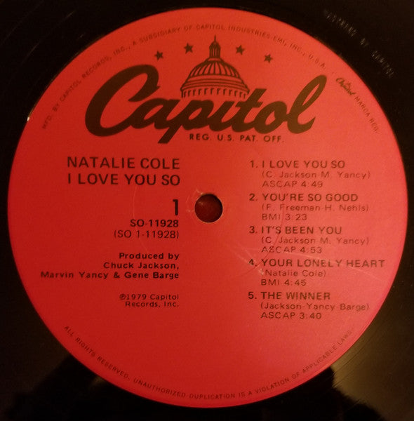 Natalie Cole : I Love You So (LP, Album, Jac)