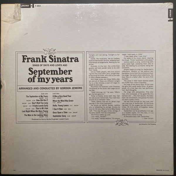 Frank Sinatra : September Of My Years (LP, Album, Mono, CTH)