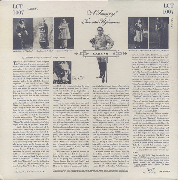 Enrico Caruso : A Treasury Of Immortal Performances (LP, Comp, Mono, RP)