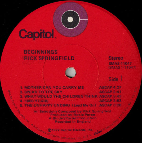 Rick Springfield : Beginnings (LP, Album, Gat)
