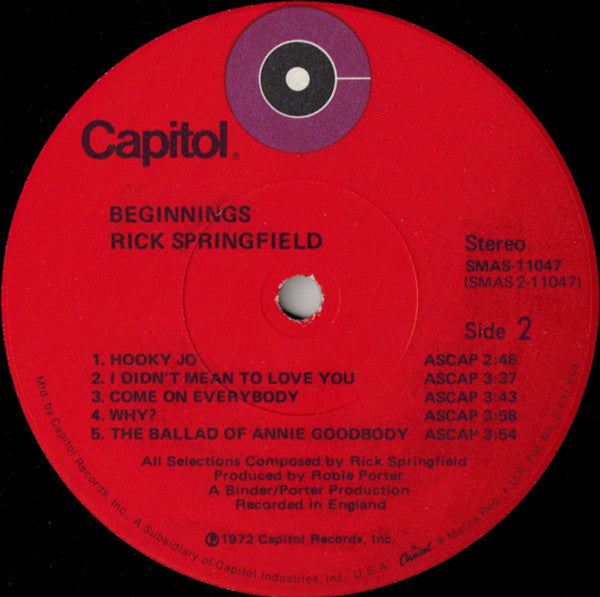 Rick Springfield : Beginnings (LP, Album, Gat)