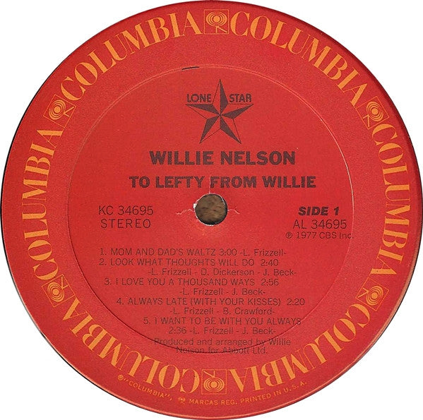 Willie Nelson : To Lefty From Willie (LP, Album, Ter)