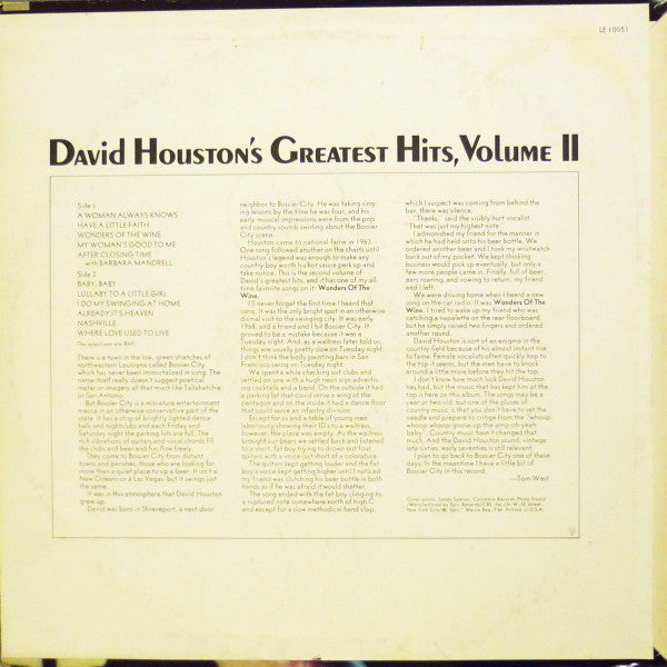 David Houston : David Houston's Greatest Hits, Volume II (LP, Comp, RE, Ter)