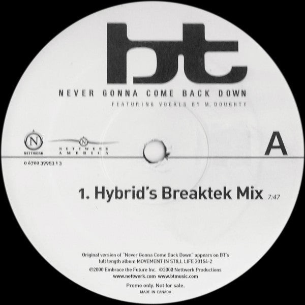 BT : Never Gonna Come Back Down (12", Promo)