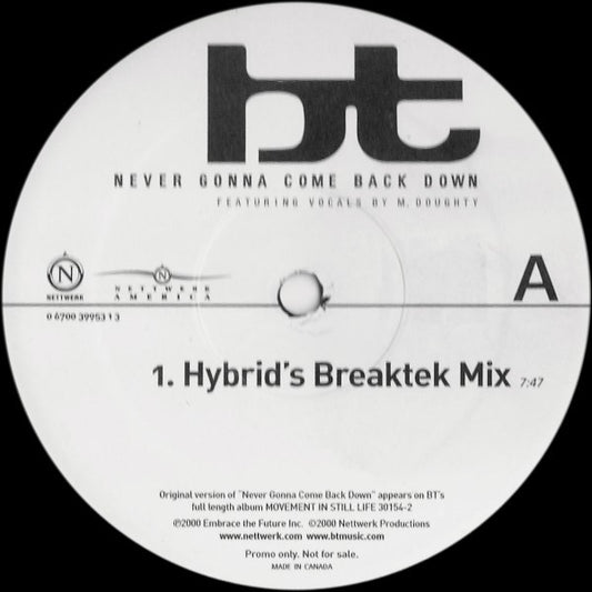 BT : Never Gonna Come Back Down (12", Promo)