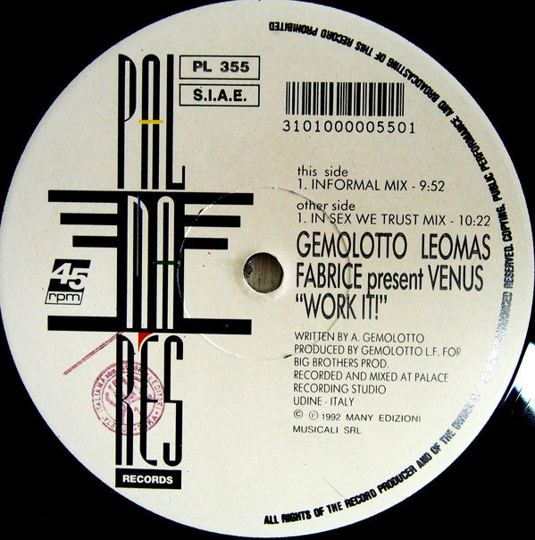 Andrea Gemolotto, Leo Mas, Fabrice Present Venus (72) : Work It! (12")