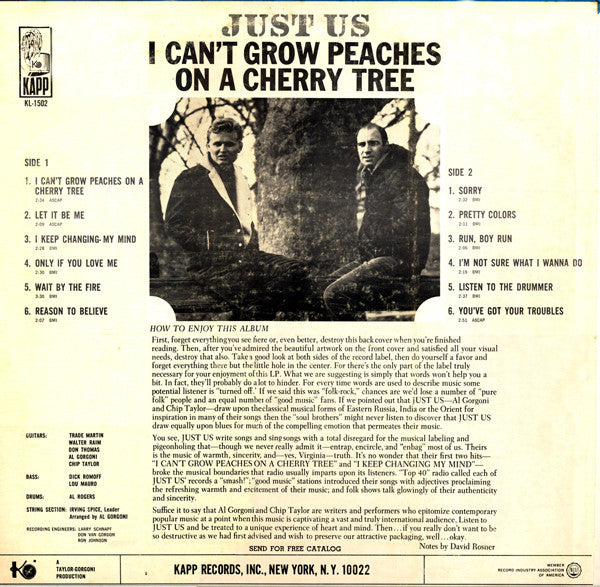 Just Us (7) : I Can't Grow Peaches On A Cherry Tree (LP, Album, Mono)