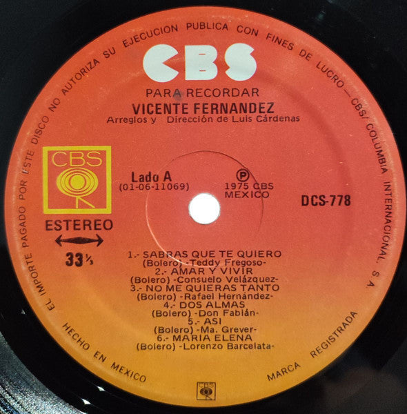 Vicente Fernandez : Para Recordar (LP, Album, RE, Gat)