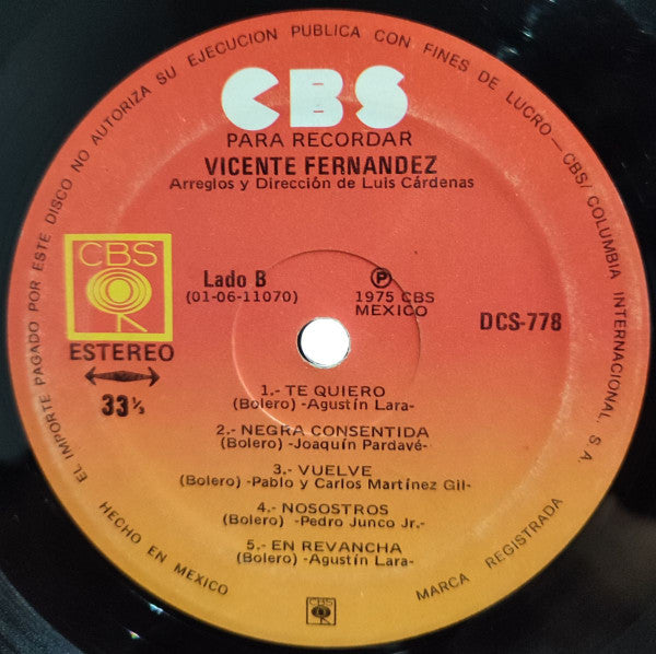 Vicente Fernandez : Para Recordar (LP, Album, RE, Gat)