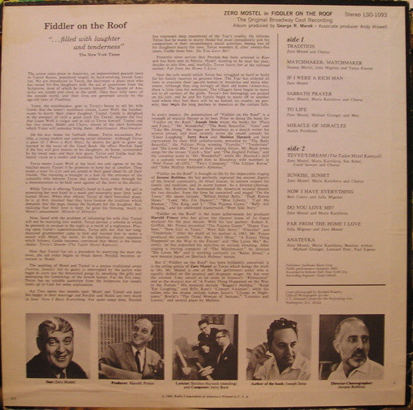 "Fiddler On The Roof" Original Broadway Cast, Jerry Bock : Zero Mostel In Fiddler On The Roof (The Original Broadway Cast Recording) (LP, Album, RE)