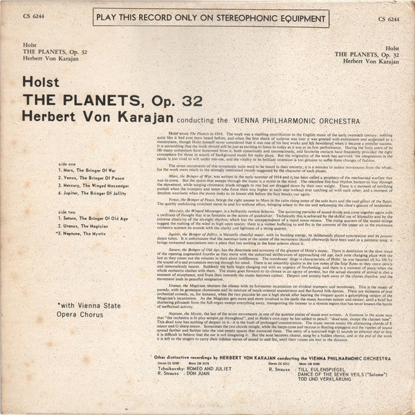 Gustav Holst - Herbert von Karajan, Wiener Philharmoniker : The Planets (LP, Album, RE)