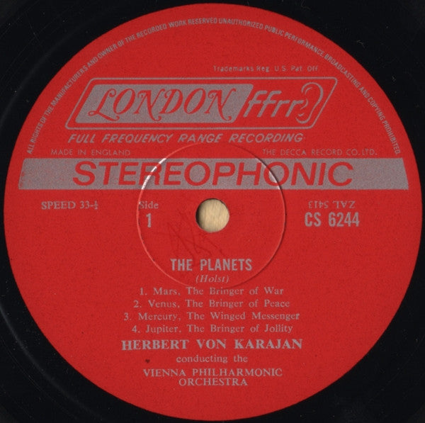 Gustav Holst - Herbert von Karajan, Wiener Philharmoniker : The Planets (LP, Album, RE)