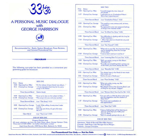 George Harrison : Dark Horse Records Presents A Personal Music Dialogue With George Harrison At 33 1/3  (LP, Promo)
