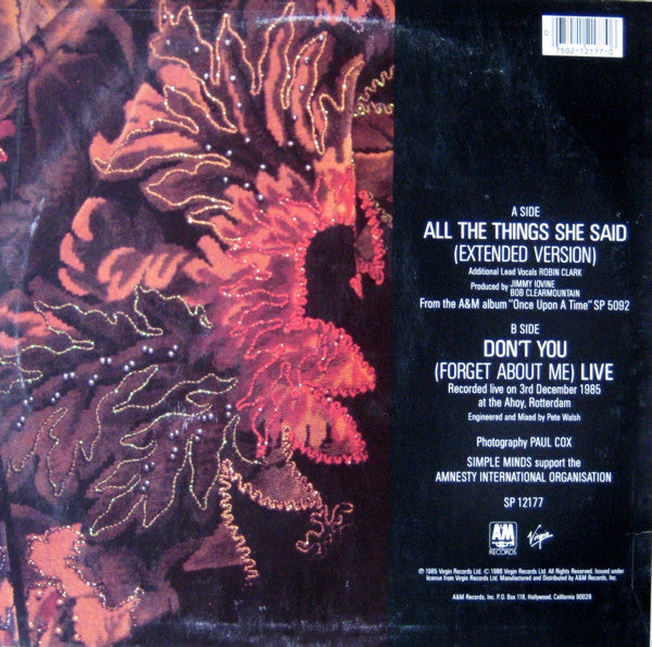Simple Minds : All The Things She Said / Don't You (Forget About Me) Live (12", RCA)
