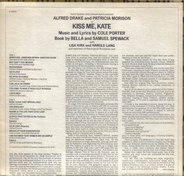 Cole Porter, Saint Subber And Lemuel Ayers Present Alfred Drake And Patricia Morison : Kiss Me, Kate (LP, Mono, RE)