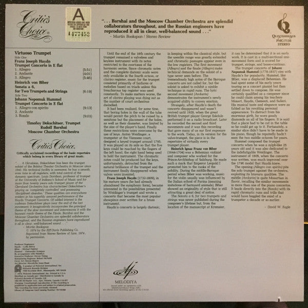 Joseph Haydn, Heinrich Ignaz Franz Biber, Johann Nepomuk Hummel - Timofej Dokschizer, Rudolf Barshai, Moscow Chamber Orchestra : Virtuoso Trumpet (LP, Album, RE)