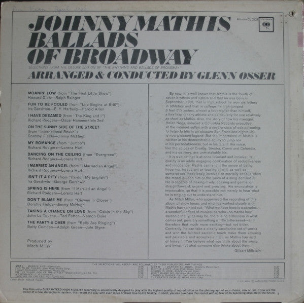 Johnny Mathis : Ballads Of Broadway (LP, Album, Mono)
