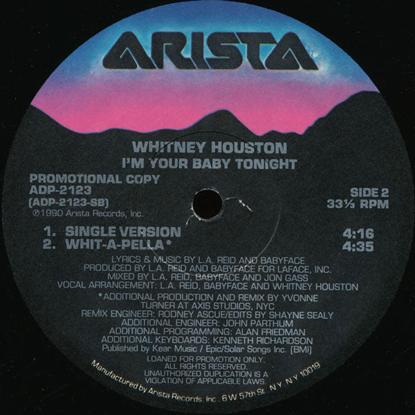 Whitney Houston : I'm Your Baby Tonight (12", Promo)