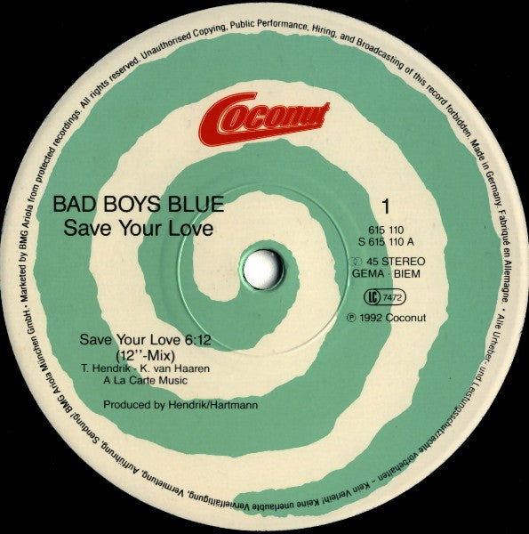 Bad Boys Blue : Save Your Love (12", Maxi)