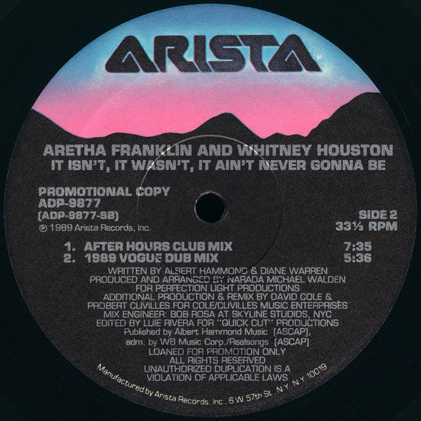 Aretha Franklin & Whitney Houston : It Isn't, It Wasn't, It Ain't Never Gonna Be (12", Promo)