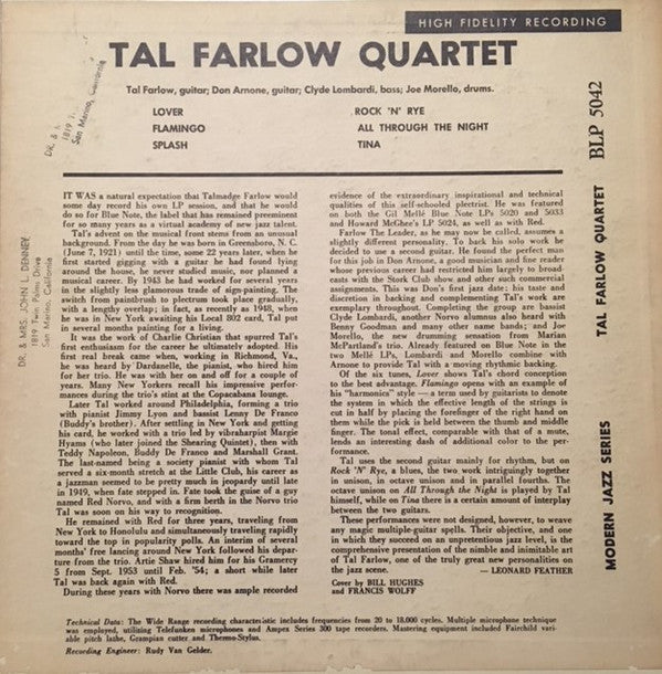 The Tal Farlow Quartet : Tal Farlow Quartet (10", Mono, Lex)