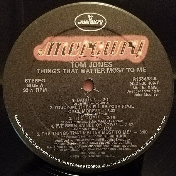 Tom Jones : Things That Matter Most To Me (LP, Comp, Club, BMG)