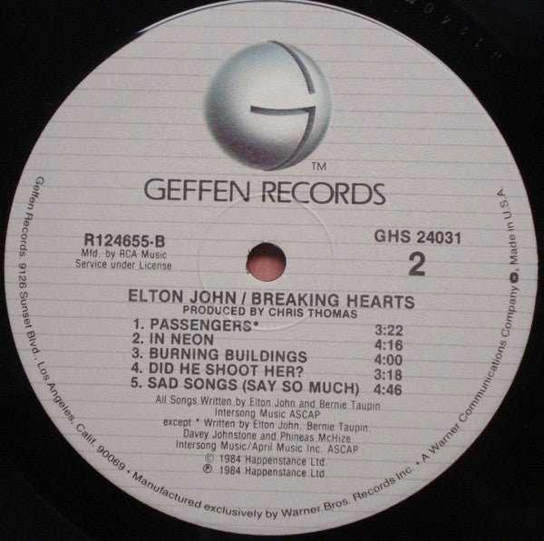 Elton John : Breaking Hearts (LP, Album, Club)
