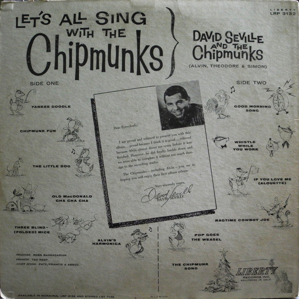 The Chipmunks : Alvin, Simon And Theodore With David Seville : Let's All Sing With The Chipmunks (LP, Mono, Scr)