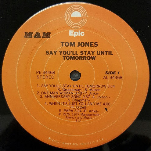 Tom Jones : Say You'll Stay Until Tomorrow (LP, Album)