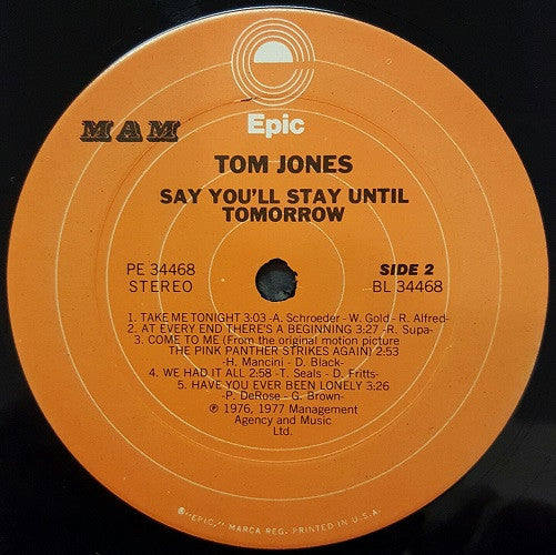 Tom Jones : Say You'll Stay Until Tomorrow (LP, Album)